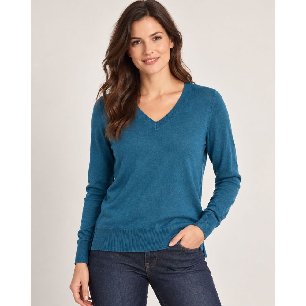 Katherine Barclay 100% Merino Wool L Blue V-Neck Sweater Lightweight Knit